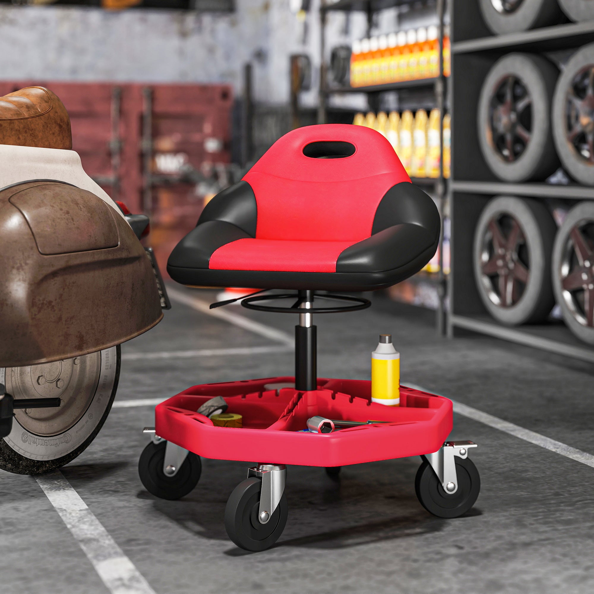 Rolling Garage Stool, 300 LBS Capacity Mechanic Stool with 5" Wheels, Tool Tray Storage, Adjustable Height, Red