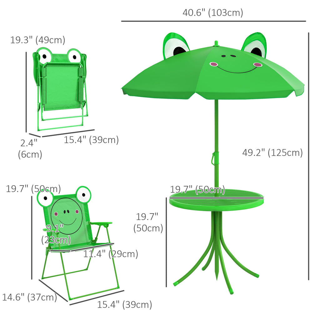 Kids Folding Picnic Table and Chair Set Pattern Outdoor Garden Patio Backyard with Removable & Height Adjustable Sun Umbrella Green