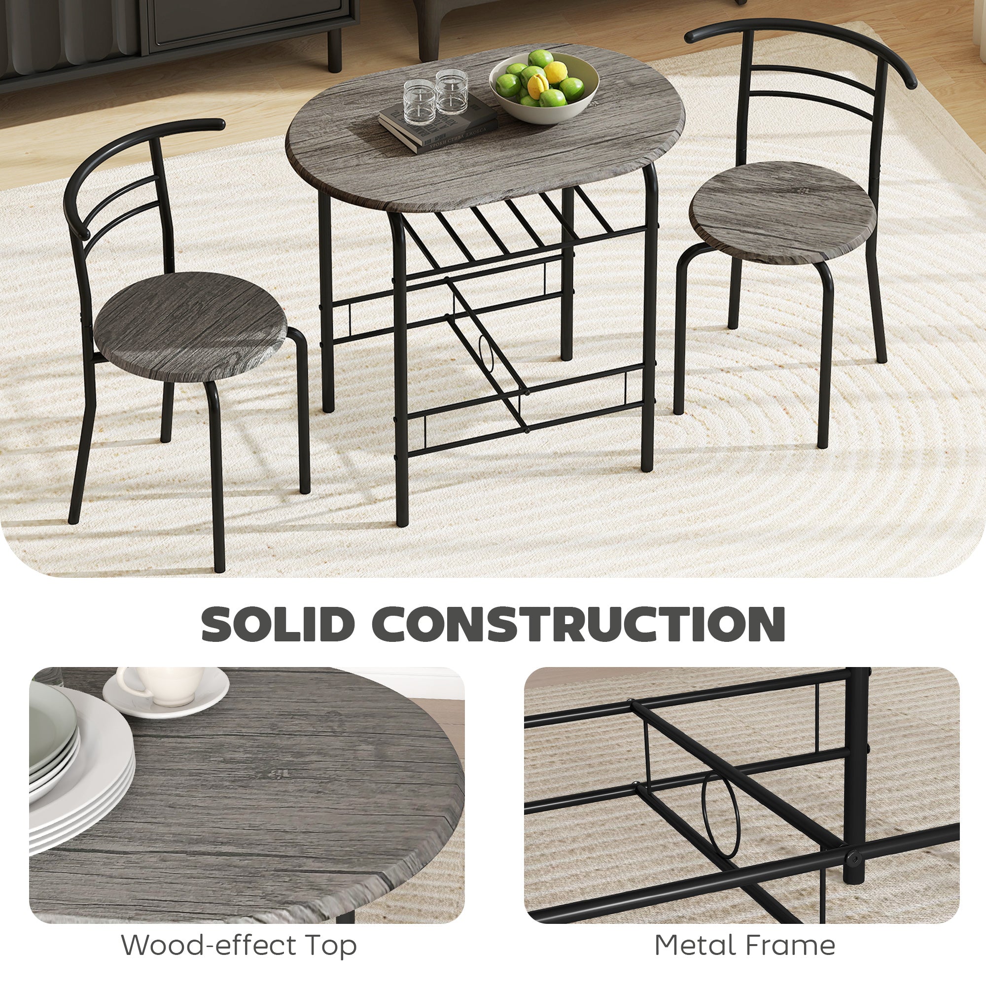 Dining Table Set of 3, 31.5" Kitchen Table and Chairs Set for 2 with Shelf, for Small Space, Dining Room, Living Room