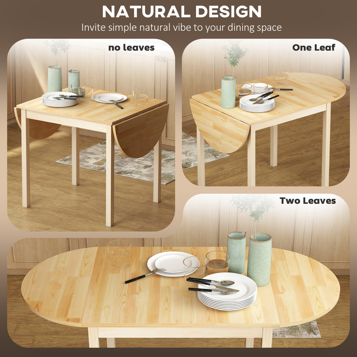 Solid Wood Kitchen Table, Drop Leaf Tables for Small Spaces, Folding Dining Table, Natural