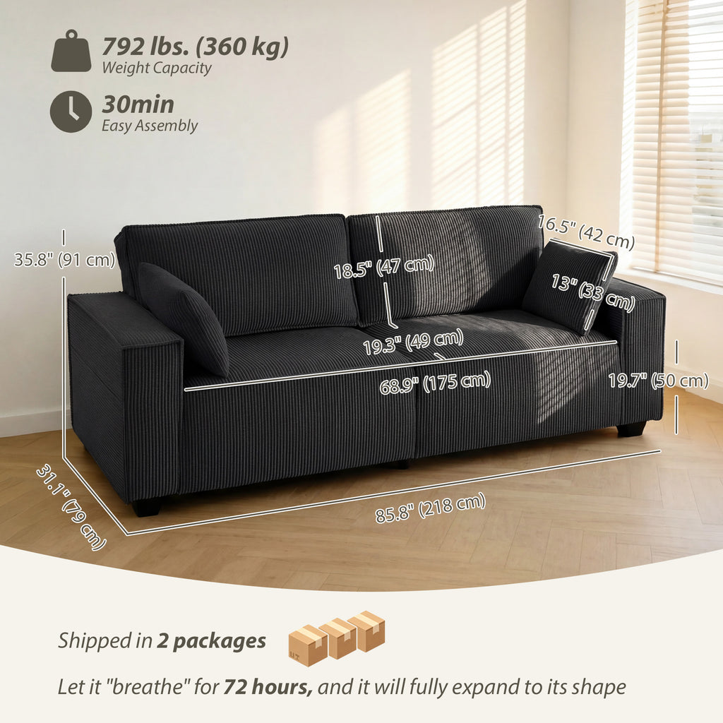 86" 3 Seater Sofa, Modern Corduroy Upholstered Couch, Dark Grey