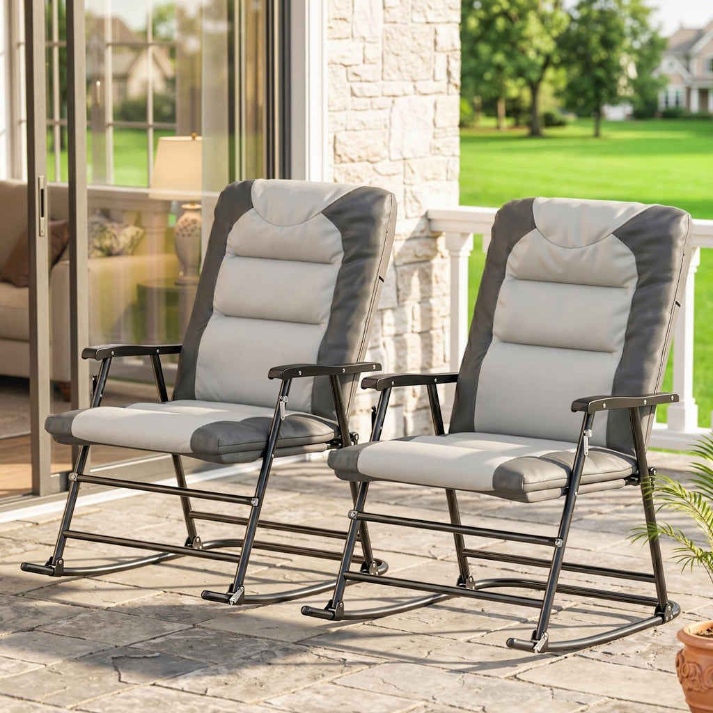Folding Rocking Chair Set of 2 Padded Rockers with Armrest, Light Grey