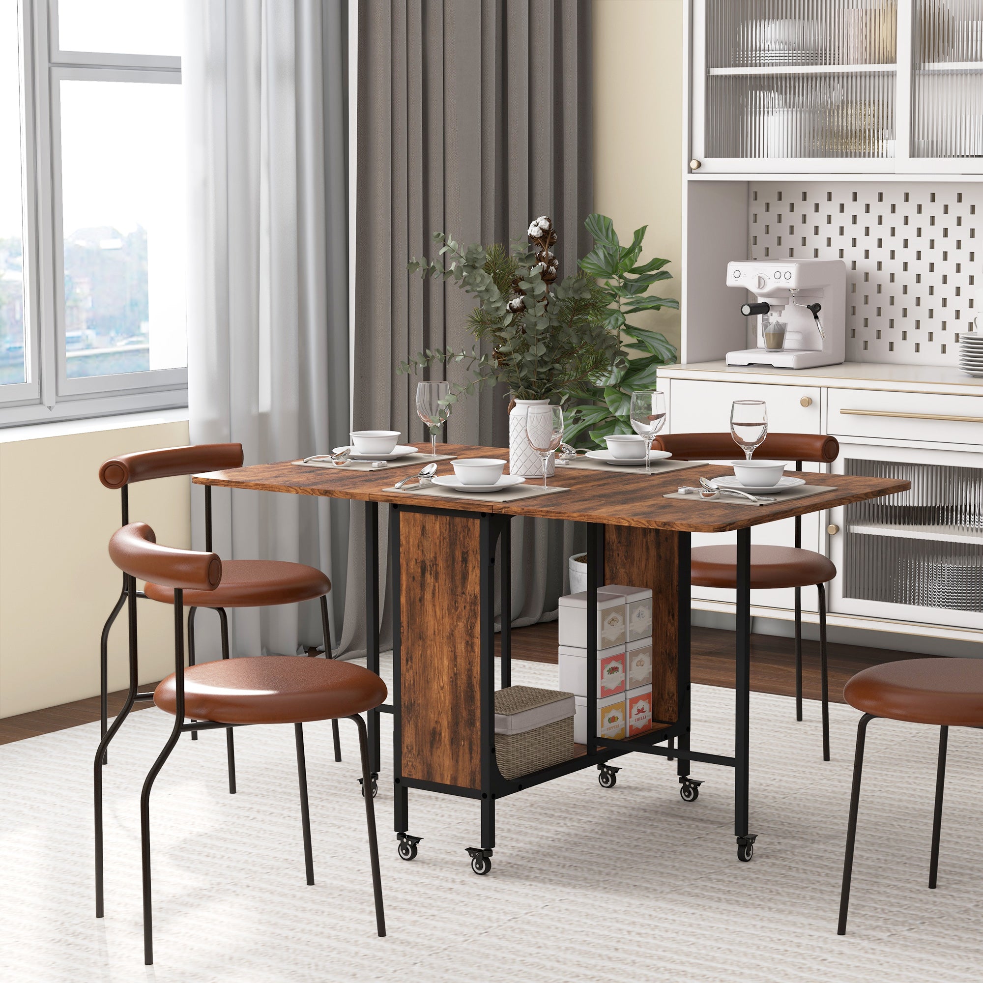 Folding Dining Table, Extendable Kitchen Table for Small Spaces with Storage Shelf and 6 Wheels, Rustic Brown