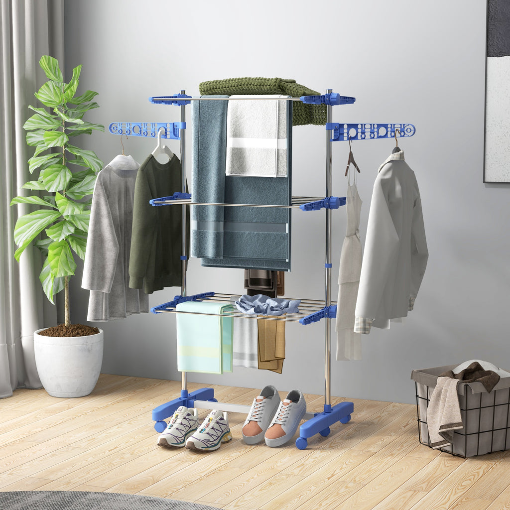 3-Tier Foldable Clothes Drying Rack, Stainless Steel Laundry Rack with 2 Side Wings and 6 Castors, Collapsible Adjustable Clothes Airer for Indoor Outdoor, White