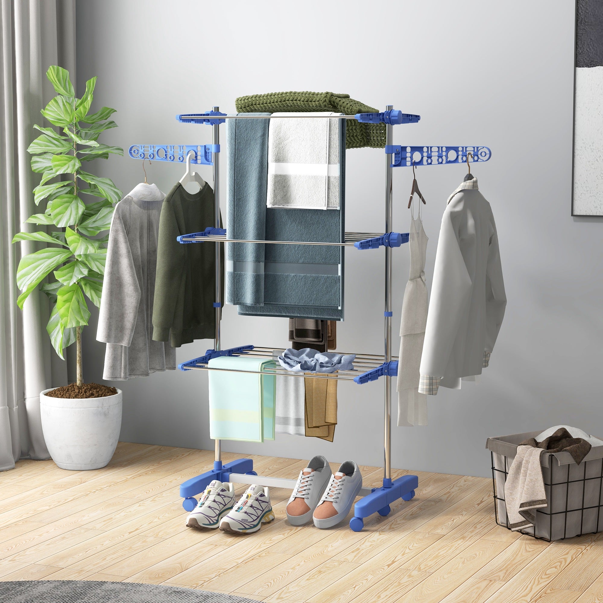 3-Tier Foldable Clothes Drying Rack, Stainless Steel Laundry Rack with 2 Side Wings and 6 Castors, Collapsible Adjustable Clothes Airer for Indoor Outdoor, White
