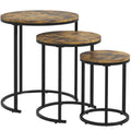 طقم طاولات قهوة متداخلة من 3 قطع، طاولات جانبية دائرية قابلة للتكديس بإطار فولاذي لغرفة المعيشة، بني ريفي