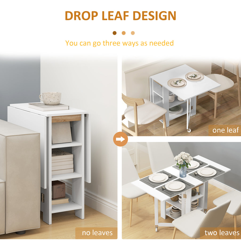 Folding Dining Table with Storage, Drop Leaf Kitchen Table for Small Spaces, White