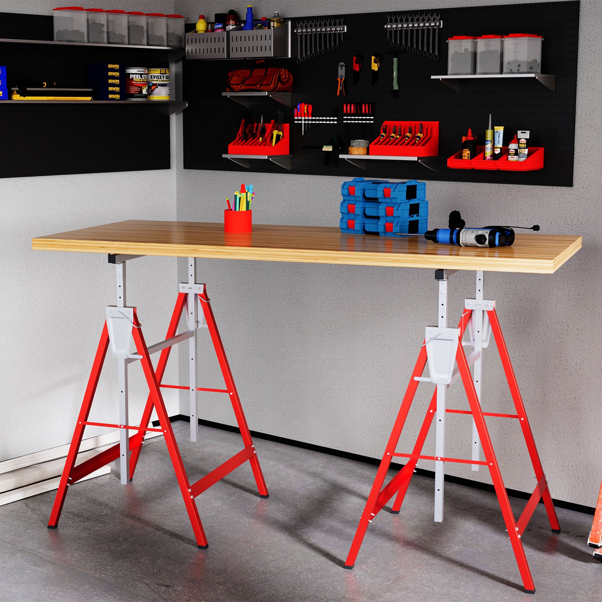 طقم من 2 قوائم تلسكوبية قابلة للتعديل للعمال، طاولة عمل فولاذية للمنجورين والنجارين، حامل منشار قابل للطي أسود