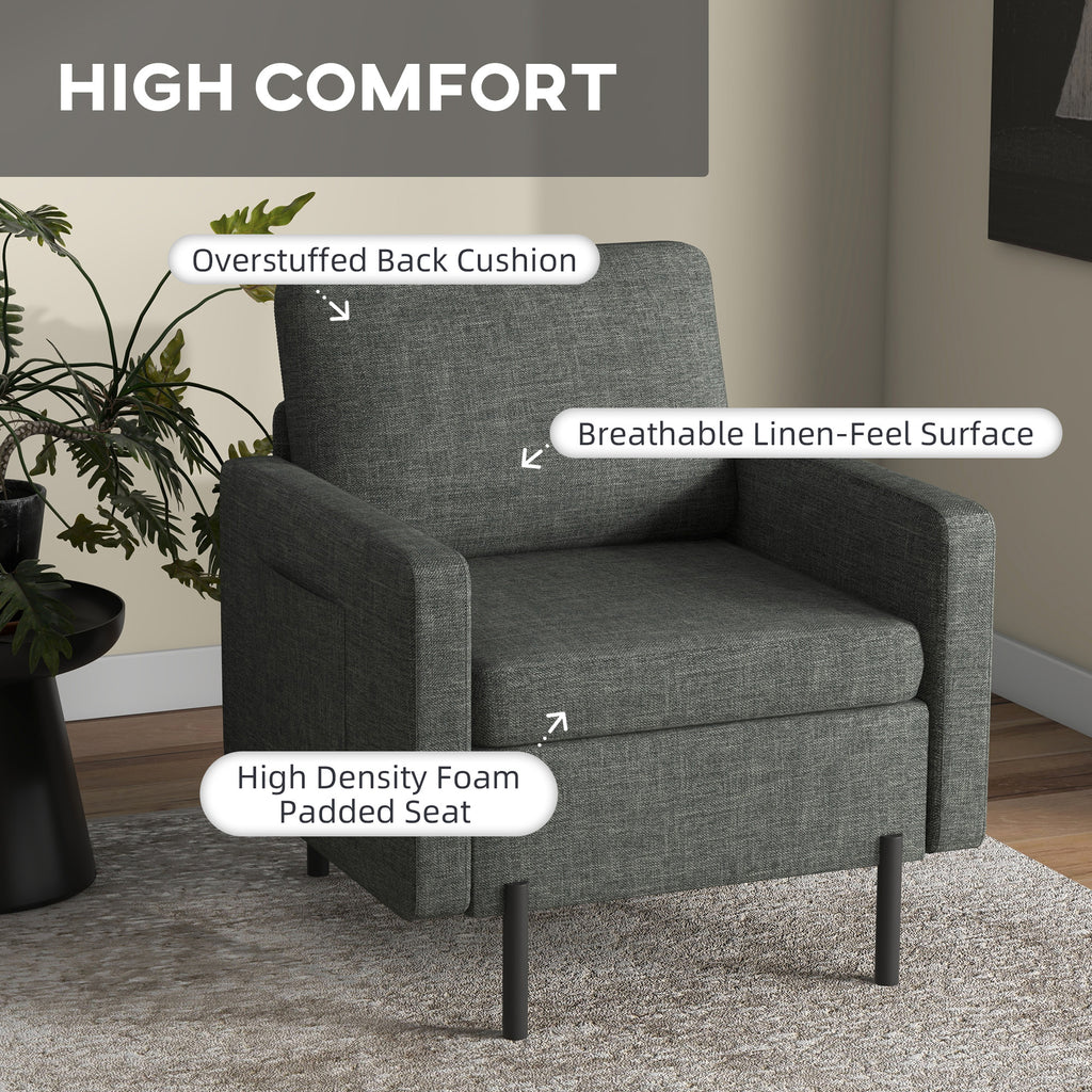 Armchair, Fabric Accent Chair, Modern Living Room Chair with Metal Legs, 2 Side Pockets for Bedroom, Grey