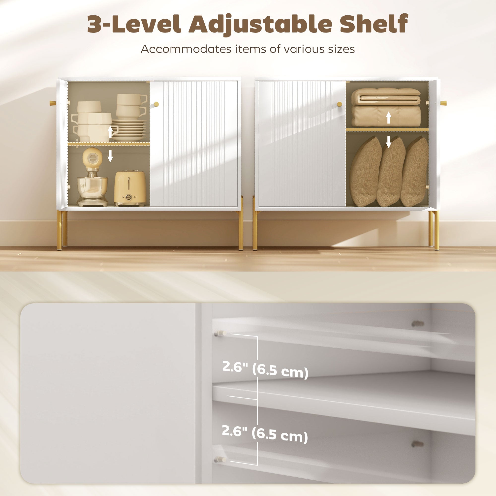 Sideboard, Modern Buffet Cabinet, Coffee Bar Cabinet with Fluted Doors and Adjustable Shelf, White