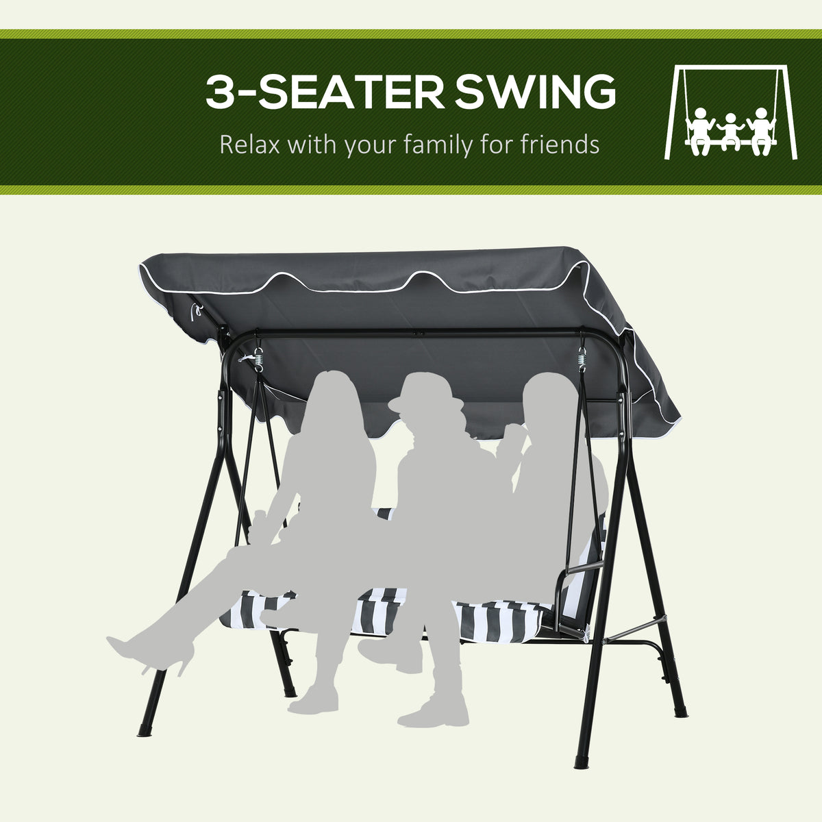 3-Seater Outdoor Porch Swing with Adjustable Canopy, Patio Swing Chair for Garden, Poolside, Backyard, Green and White