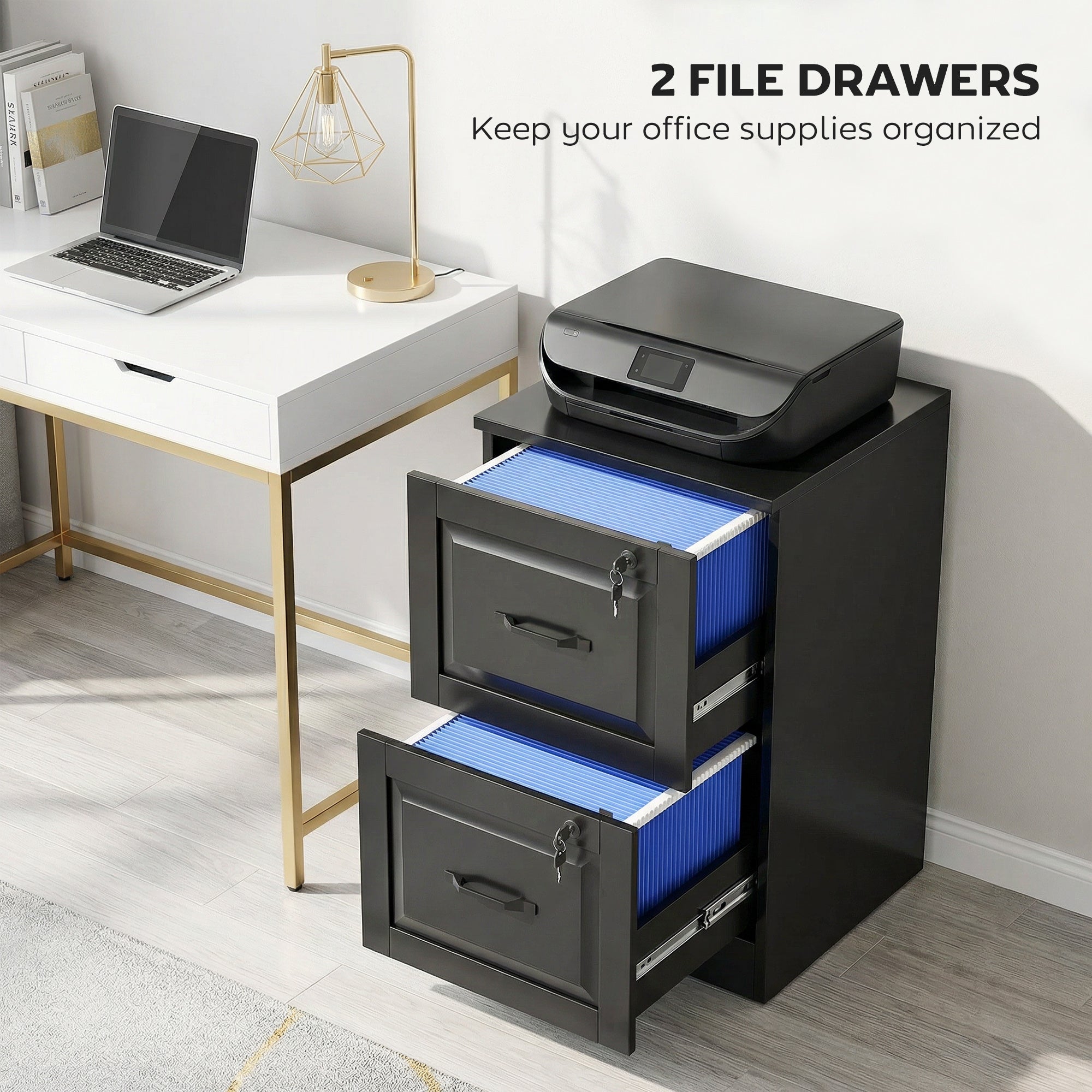 3 Drawer File Cabinet with Lock, Vertical Filing Cabinet with Adjustable Hanging Bars for A4 and Letter Size, Black