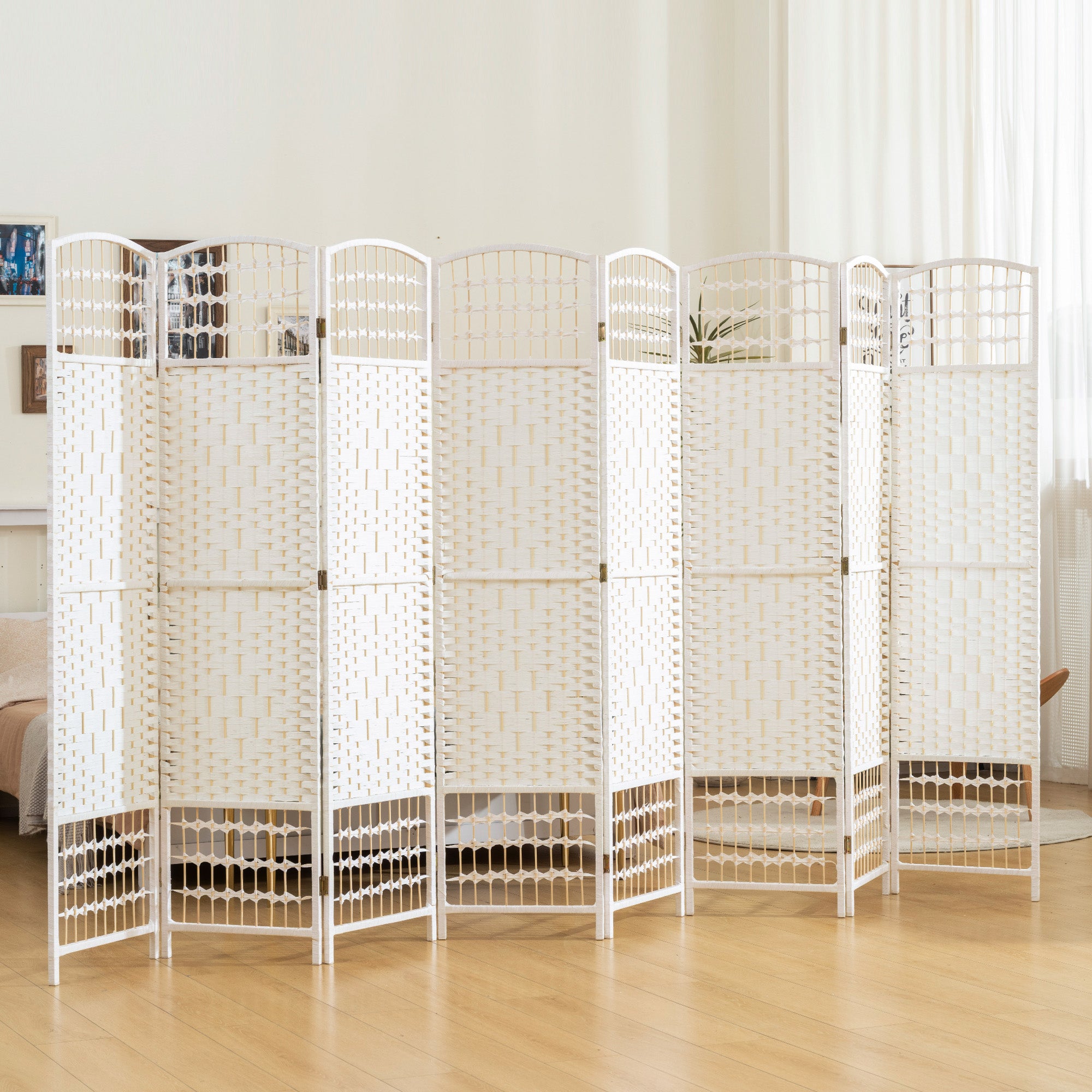 4 Panel Folding Room Divider, Portable Privacy Screen, Wave Fiber Room Partition for Home Office, White