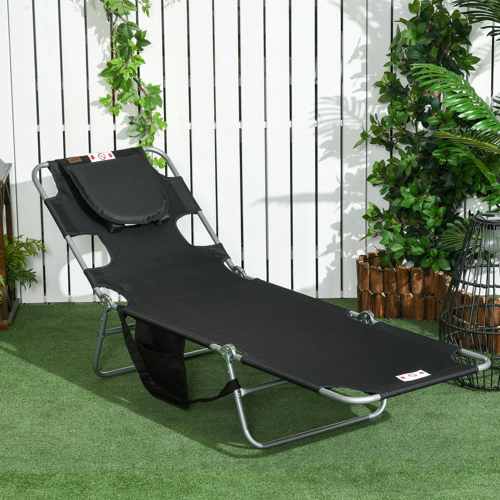 Folding Outdoor Lounge Chair, 5-Level Tanning Chair with Face Hole, Side Pocket, Carry Strap for Beach Pool, Grey