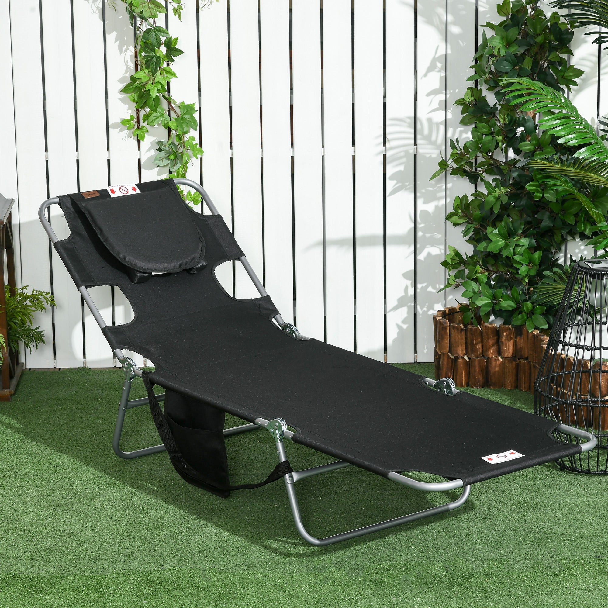Folding Outdoor Lounge Chair, 5-Level Tanning Chair with Face Hole, Side Pocket, Carry Strap for Beach Pool, Grey