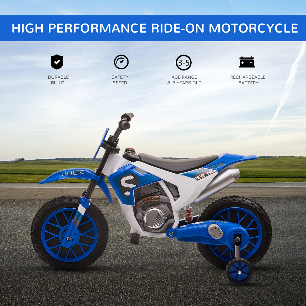 Aosom Kids Dirt Bike 12V Battery-Powered Ride-On Electric Motorcycle with Charging Battery, Training Wheels Blue