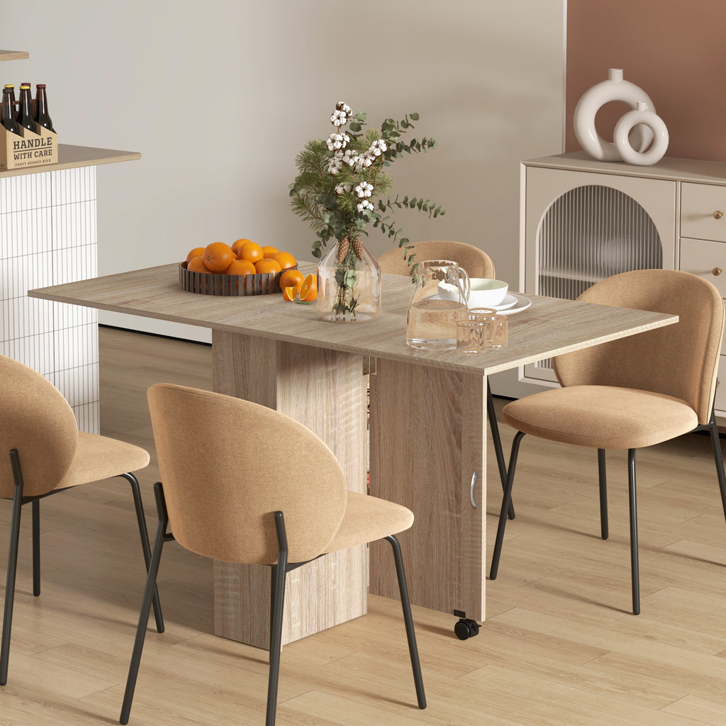 Extendable Dining Table, Collapsible Folding Table w/ 2-tier Shelves and Rolling Casters, Nature Wood