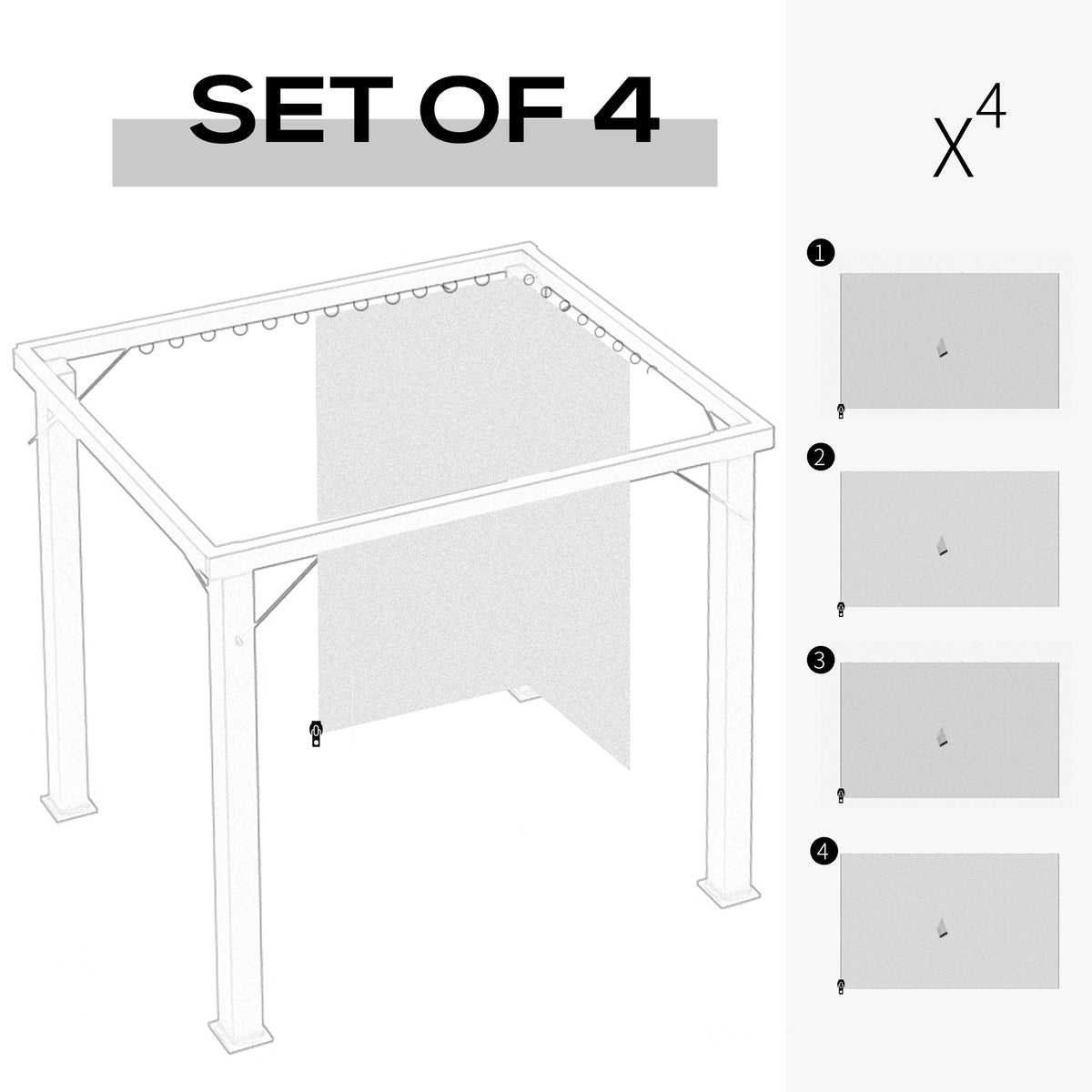 Gazebo Curtains, 10' x 10' Universal Replacement Privacy Curtain, 4-Panels Sidewall with Hooks/C-Rings, Light Grey