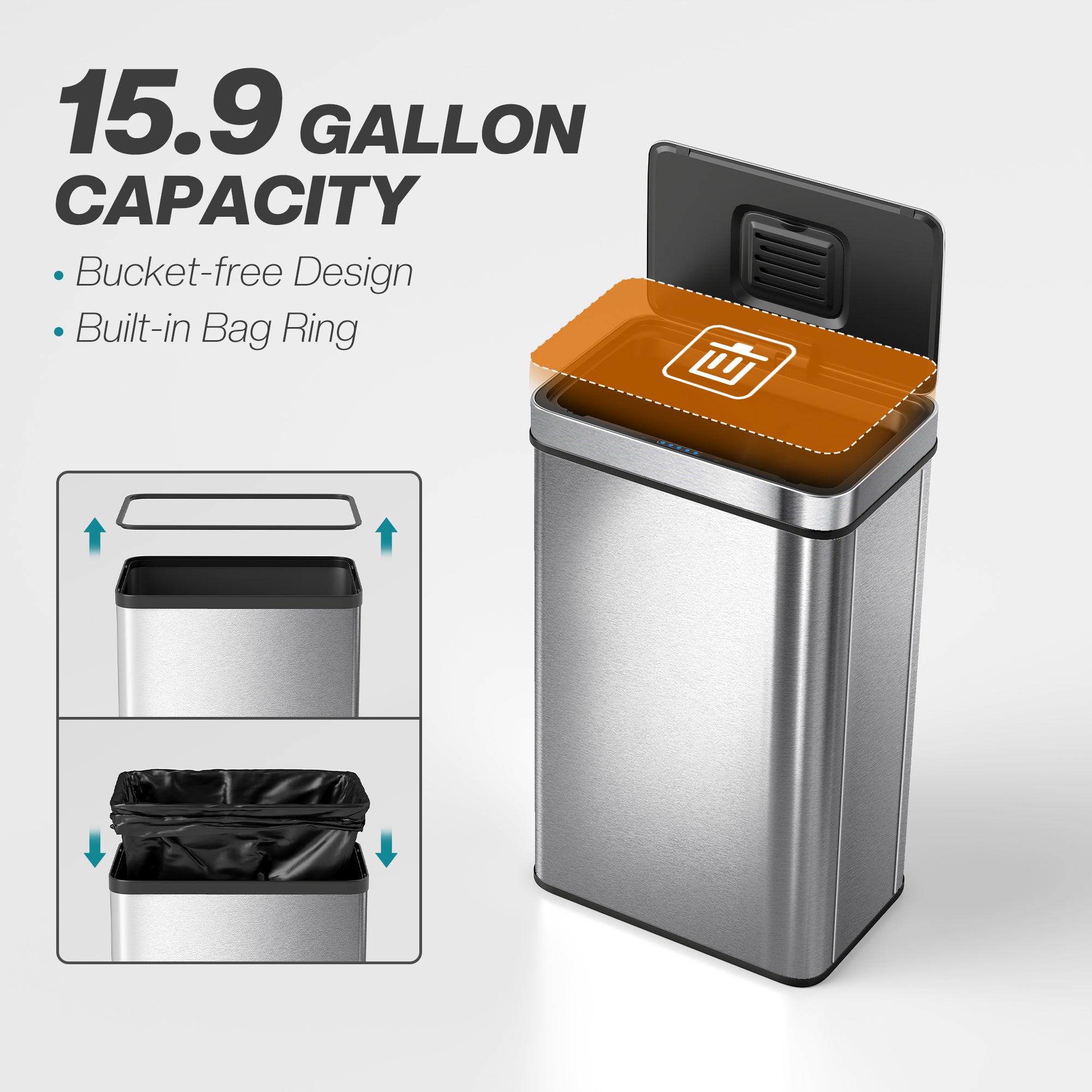 13.2 Gallon Sensor Can, Automatic Garbage Can with Soft-Close Lid, Fingerprint-Proof Stainless Steel, Silver