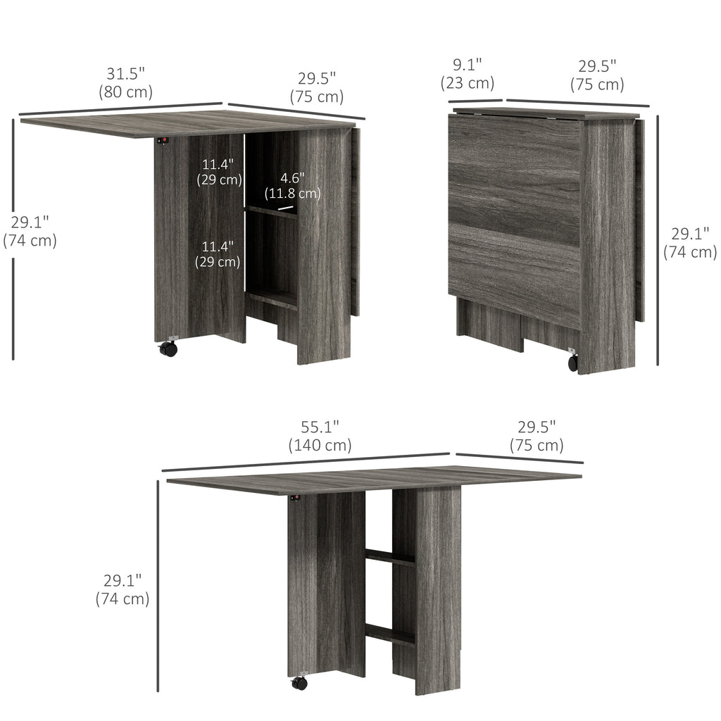 Extendable Dining Table, Collapsible Folding Table w/ 2-tier Shelves and Rolling Casters, Grey Wood Grain