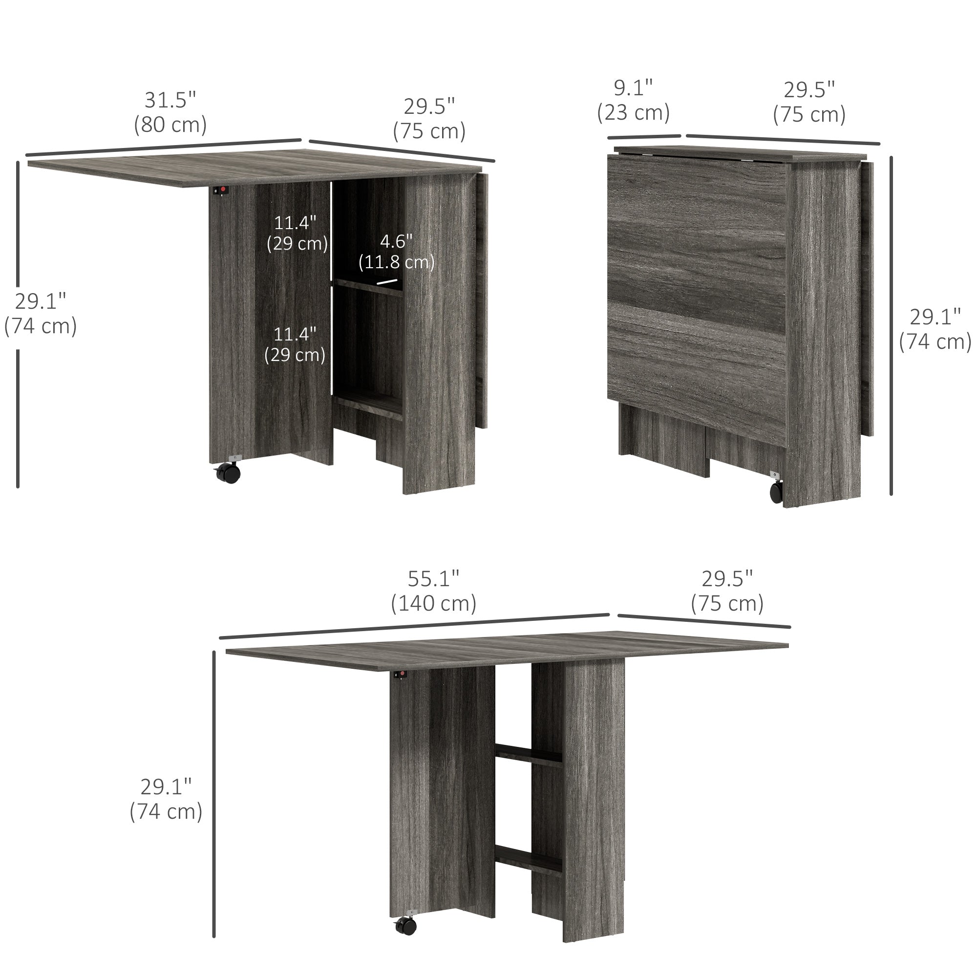 Extendable Dining Table, Collapsible Folding Table w/ 2-tier Shelves and Rolling Casters, Grey Wood Grain