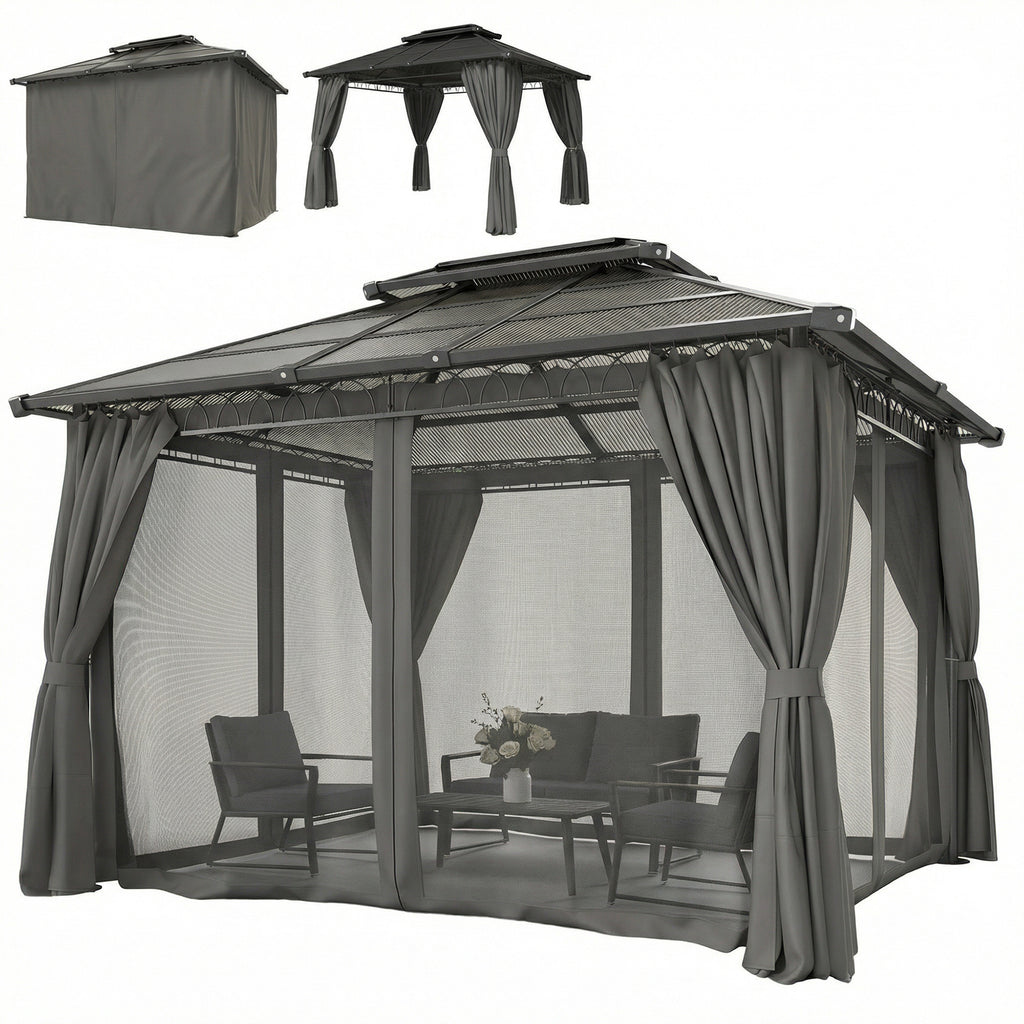 مظلة خارجية 10' × 12'، سقف صلب مزدوج للمظلة مع سقف من البولي كربونات، وهيكل فولاذي، وشبكات وستائر