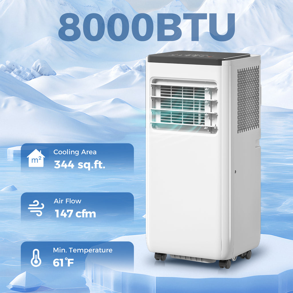 8000 BTU ተንቀሳቓሲ 4-ኣብ-ሓደ ኣየር ኮንዲሽነር ብምሑር፣ ደርቂ ኣየር፣ ፋን፣ ድቃስ፣ ዋይፋይ ድምጺ ርሑቕ ቁጽጽር፣ ጻዕዳ