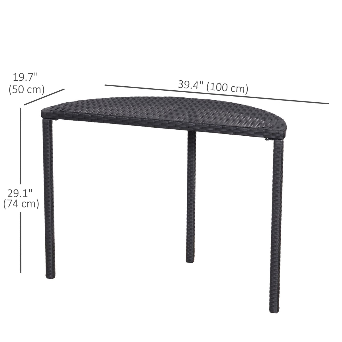 Half Round Side Table, PE Rattan Coffee Table with Metal Frame for Patio, Garden, Balcony, Black