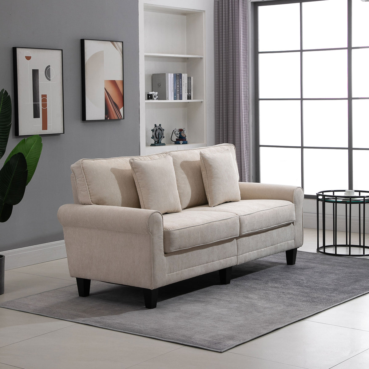 Modern 3 Seater Sofa, Corduroy Fabric 3 Seater Couch with Pine Wood Legs and Rolled Armrests for Living Room, Beige