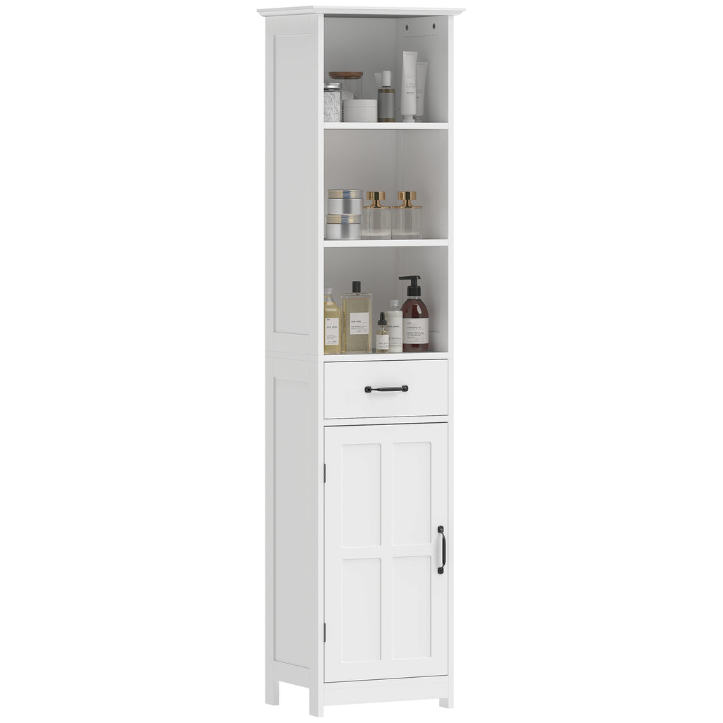 Modern Bathroom Cabinet, Narrow Bathroom Vanities with 3 Open Shelves, Drawer and Adjustable Shelf, White