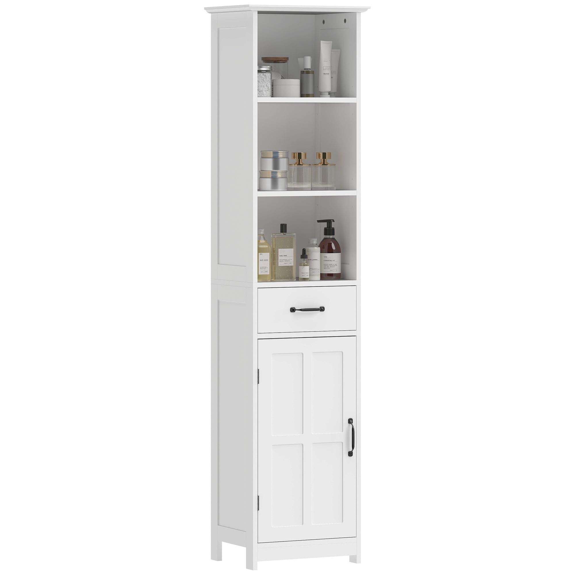 Modern Bathroom Cabinet, Narrow Bathroom Vanities with 3 Open Shelves, Drawer and Adjustable Shelf, White