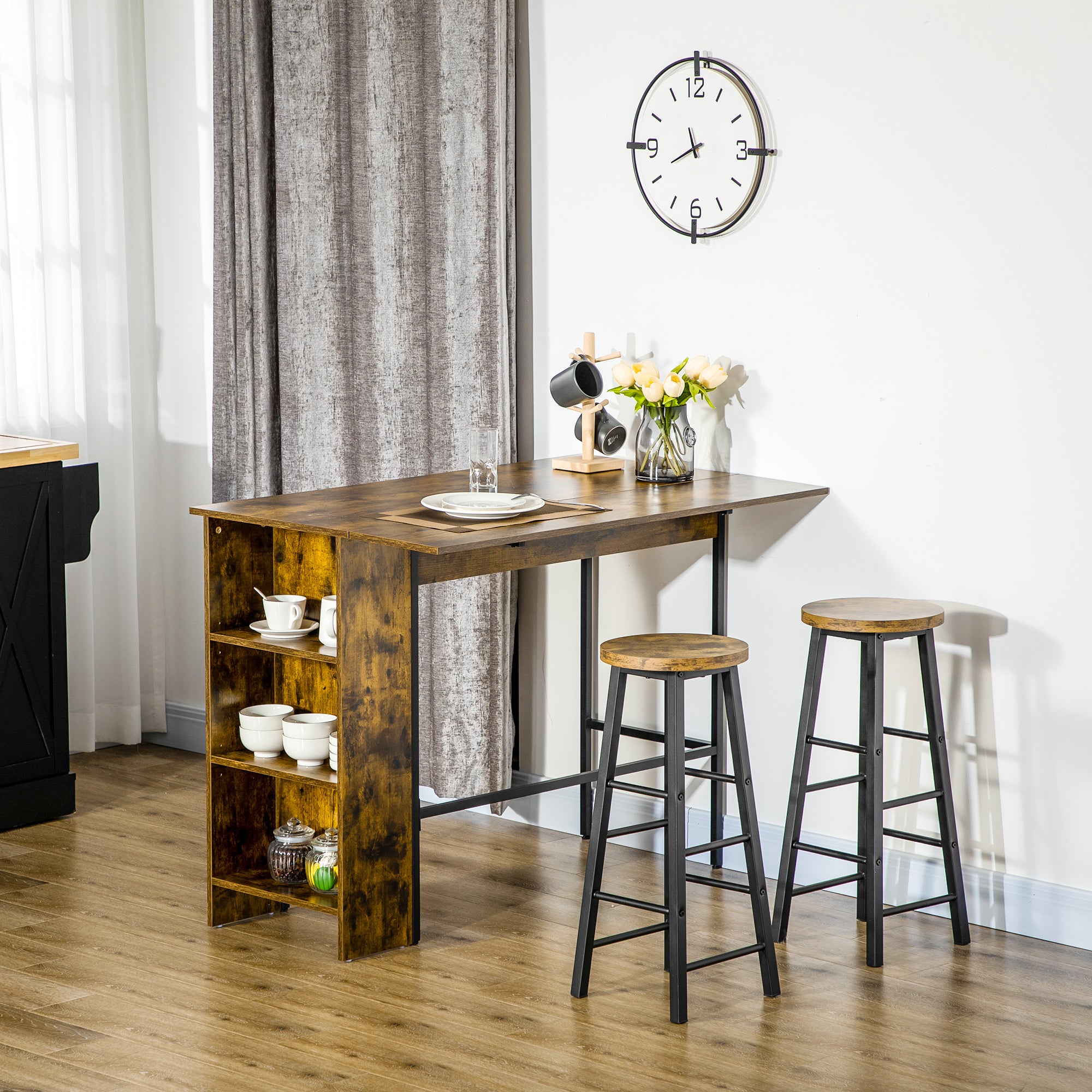 Counter Height Table with Drop Leaf, Extendable Bar Table with Adjustable Storage Shelf, Rustic Brown