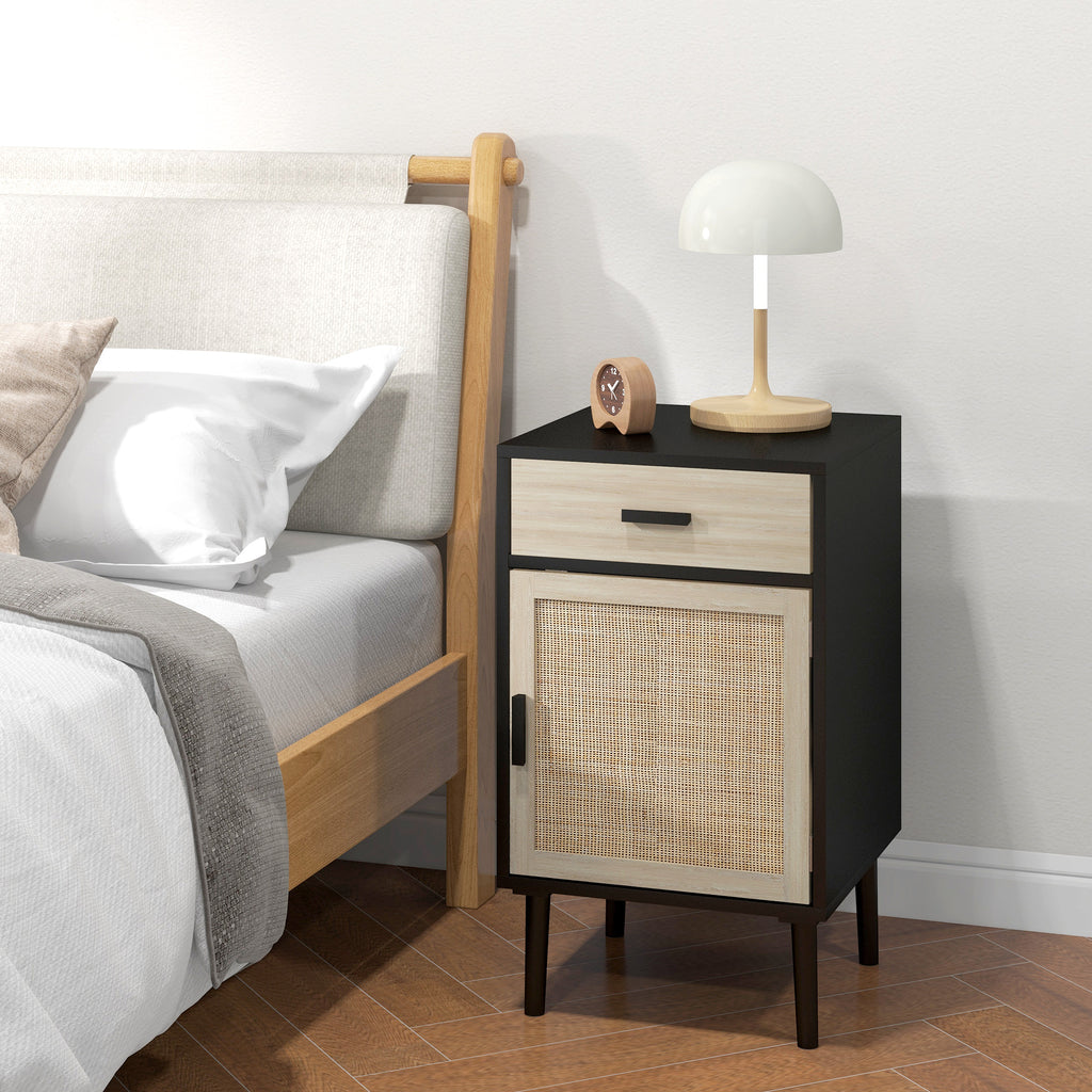Boho Bedside Tables Set of 2, Nightstands with Drawer, Rattan Cabinet, Adjustable Shelf for Bedroom, Living Room, Black