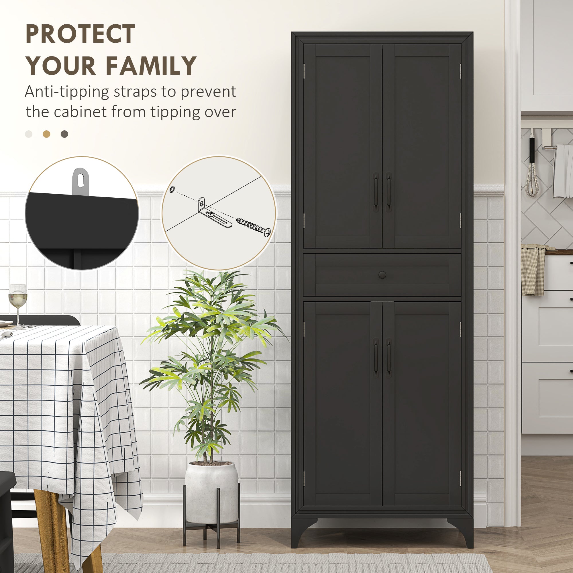 Freestanding Storage Cabinet, Kitchen Pantry Cabinet with 2 Shelves, 4 Doors for Dining Room, Black
