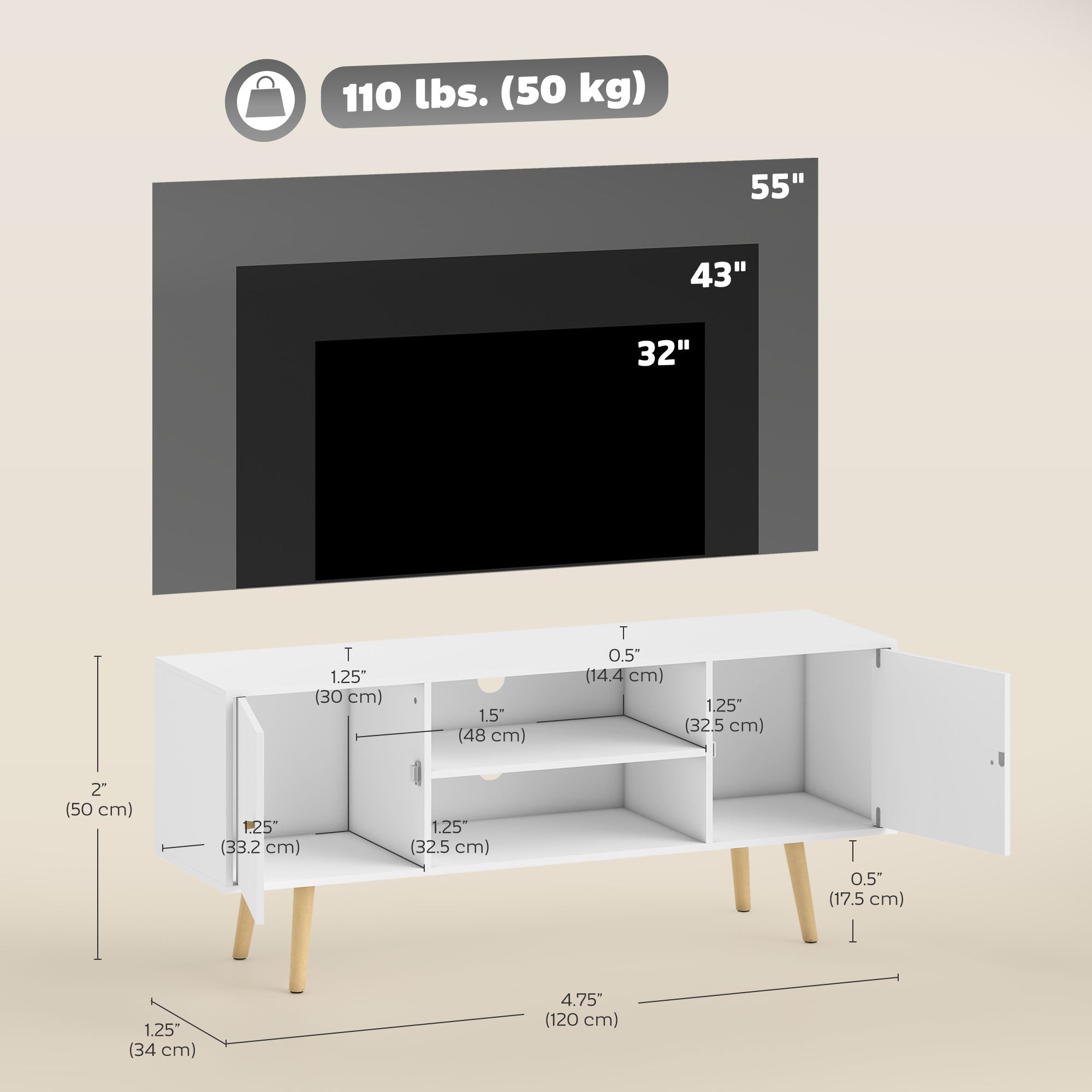 TV Stand Cabinet for TVs up to 55 Inches, Entertainment Unit with Storage Shelves and Wood Legs for Living Room, White