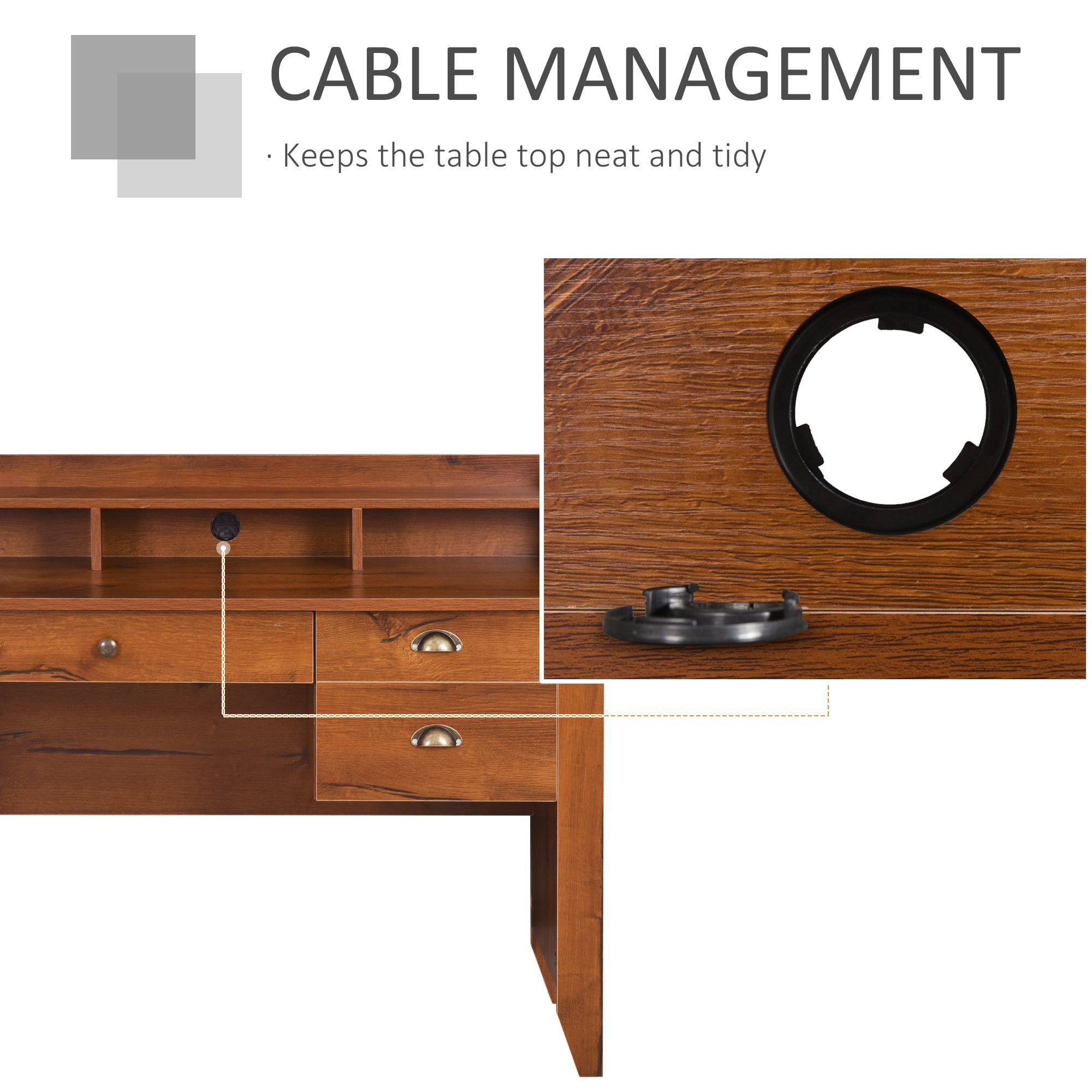 Study Table with Storage Hutch, Drawers, Shelf, Home Office Writing Table Study Workstation with Cable Management, Brown