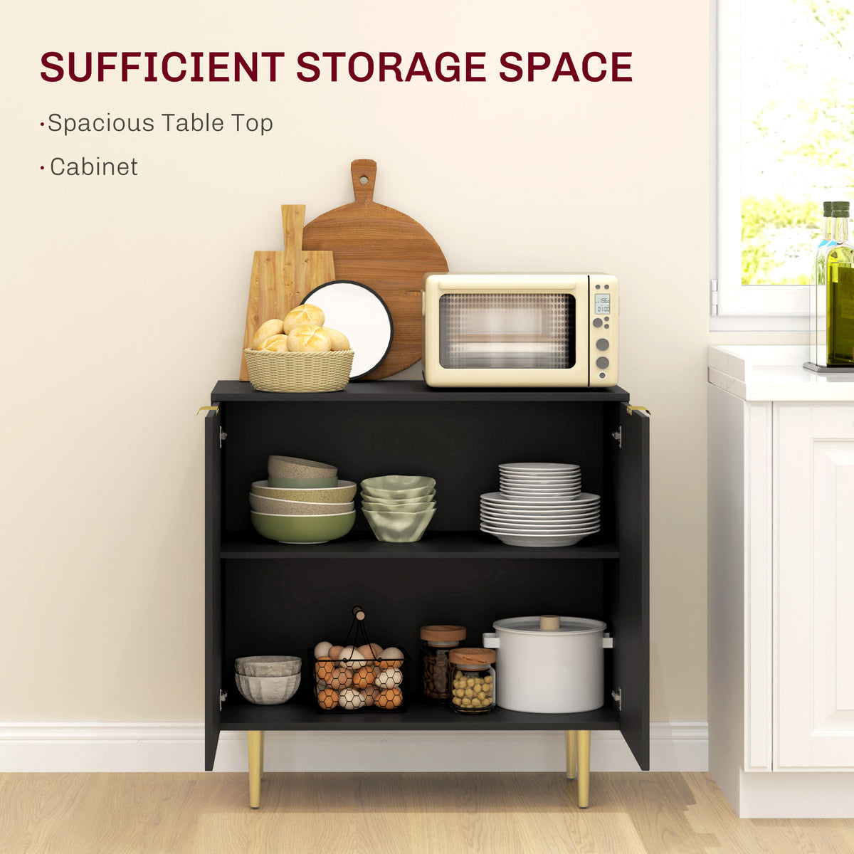 Modern Kitchen Storage Cabinet, Sideboard Buffet Cabinet with Adjustable Shelves and Metal Legs for Kitchen, Black