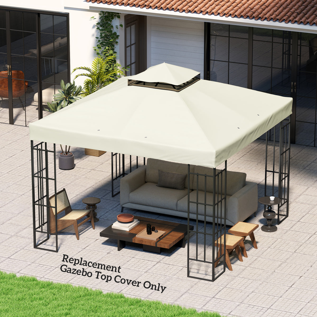 غطاء بديل لمظلة شمسية قياس 10' × 10'، غطاء سقف بديل لمظلة حديقة من مستويين، حماية من الأشعة فوق البنفسجية 30+، الغطاء العلوي فقط، رمادي فاتح