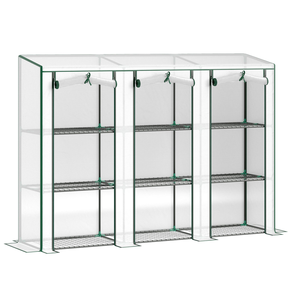Lean-to Greenhouse with 3 Tier Shelves, Mini Greenhouse with 3 Roll-Up Doors for Indoor Outdoor, Green