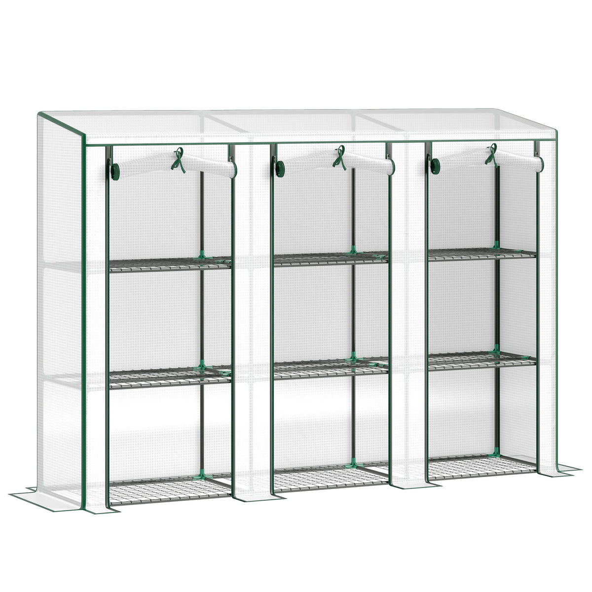 Lean-to Greenhouse with 3 Tier Shelves, Mini Greenhouse with 3 Roll-Up Doors for Indoor Outdoor, Green