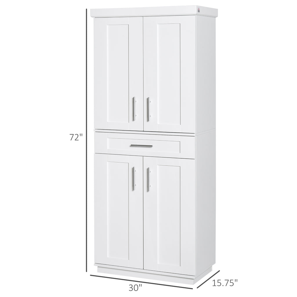 72" Storage Cabinet, Freestanding Kitchen Pantry Cabinet with 4 Doors, Drawer and 3 Adjustable Shelves, White