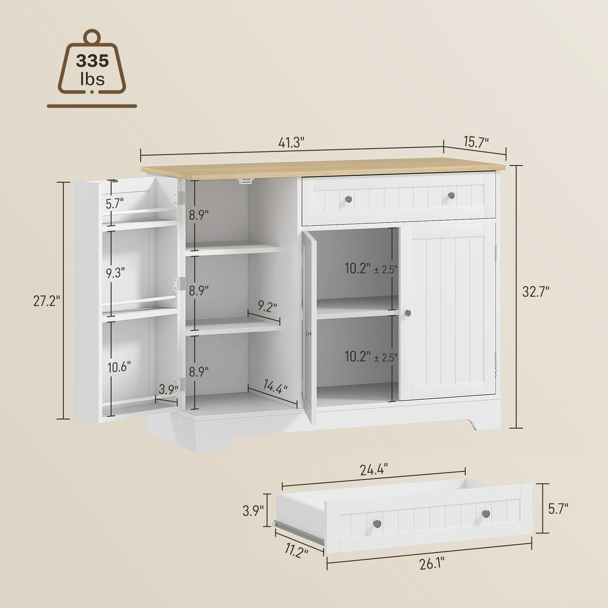 Modern Sideboard Cabinet, 41" Kitchen Buffet Cabinet with Drawer, Adjustable Shelf, 3 Doors for Dining Room, Grey