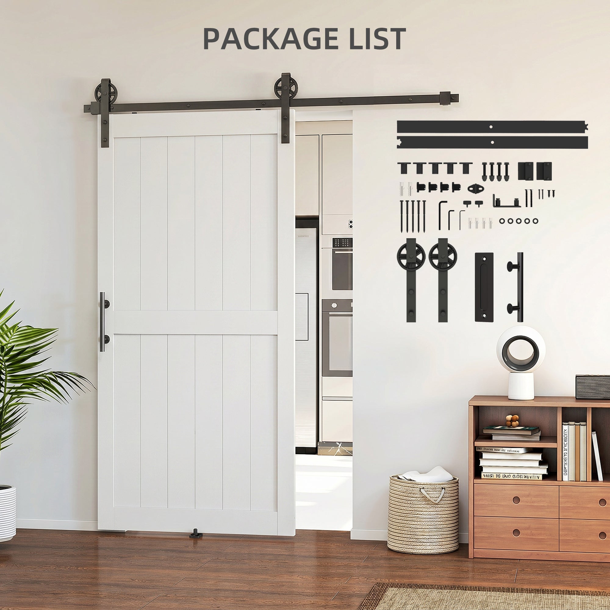 42inx84in Barn Door with 7FT Sliding Door Hardware Kit, Handle, Upgraded Rollers and Floor Guide, Waterproof, White