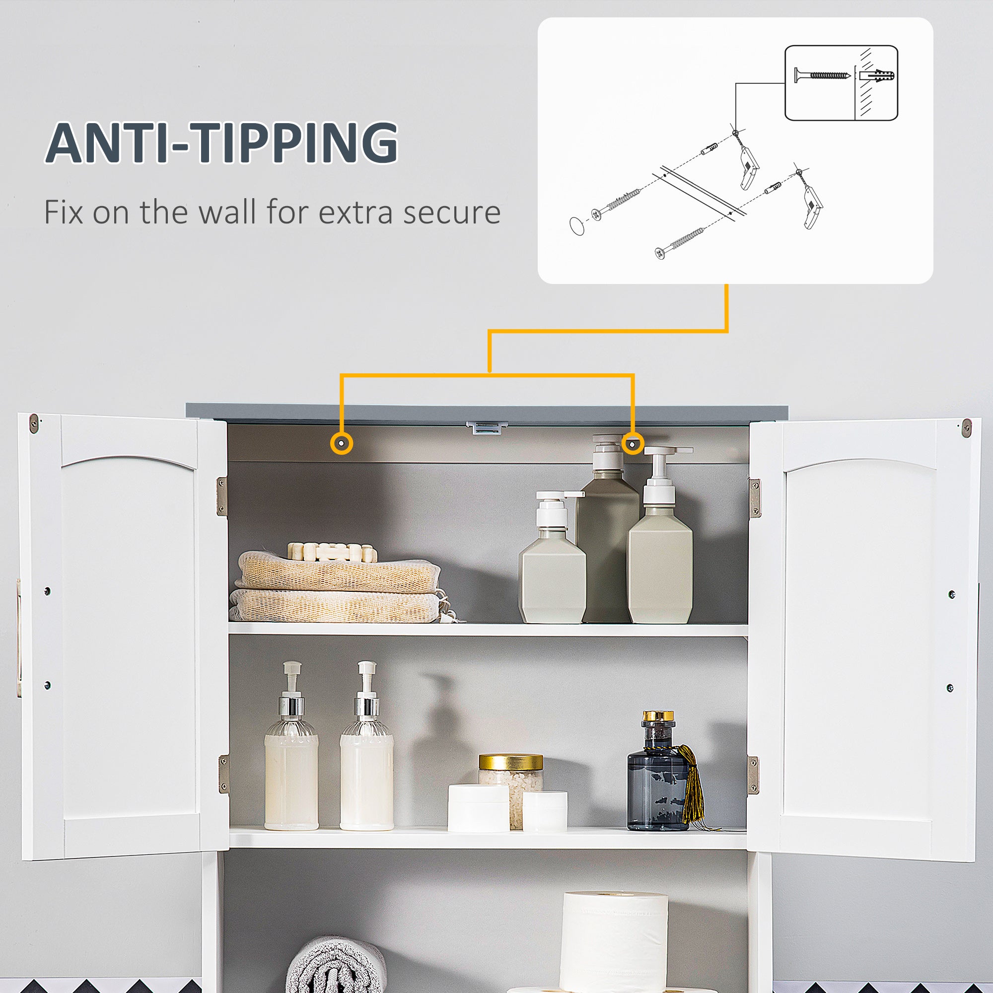 Modern Over The Toilet Storage Cabinet, Double Door Over Toilet Bathroom Organizer with Adjustable Shelf and Open Shelf, Space Saver, White