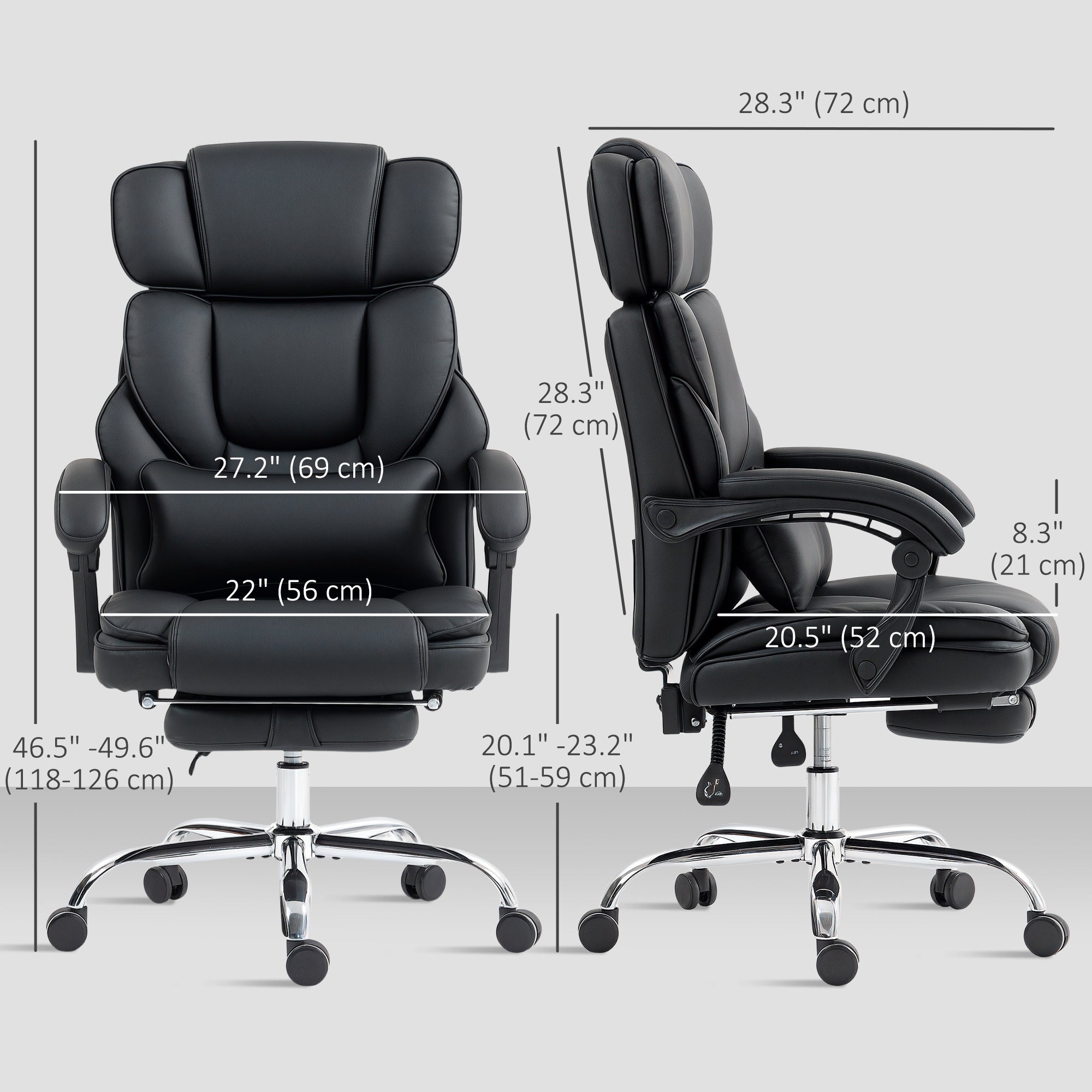 PU Leather Office Chair, Reclining Desk Chair with Footrest, Adjustable Headrest, Lumbar Support, Swivel Wheels, Black