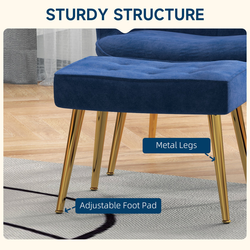 Modern Accent Chair with Ottoman, Upholstered Armchair with Footrest, Gold Metal Legs for Living Room, Bedroom, Dark Blue