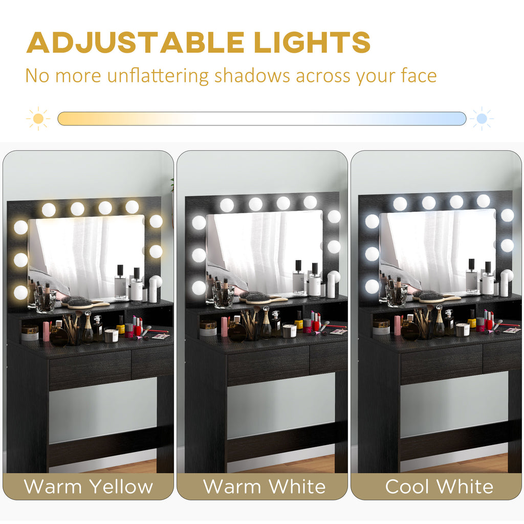 Vanity Table, Makeup Dressing Table with LED Lighting Mirror, Drawers, for Bedroom, Black
