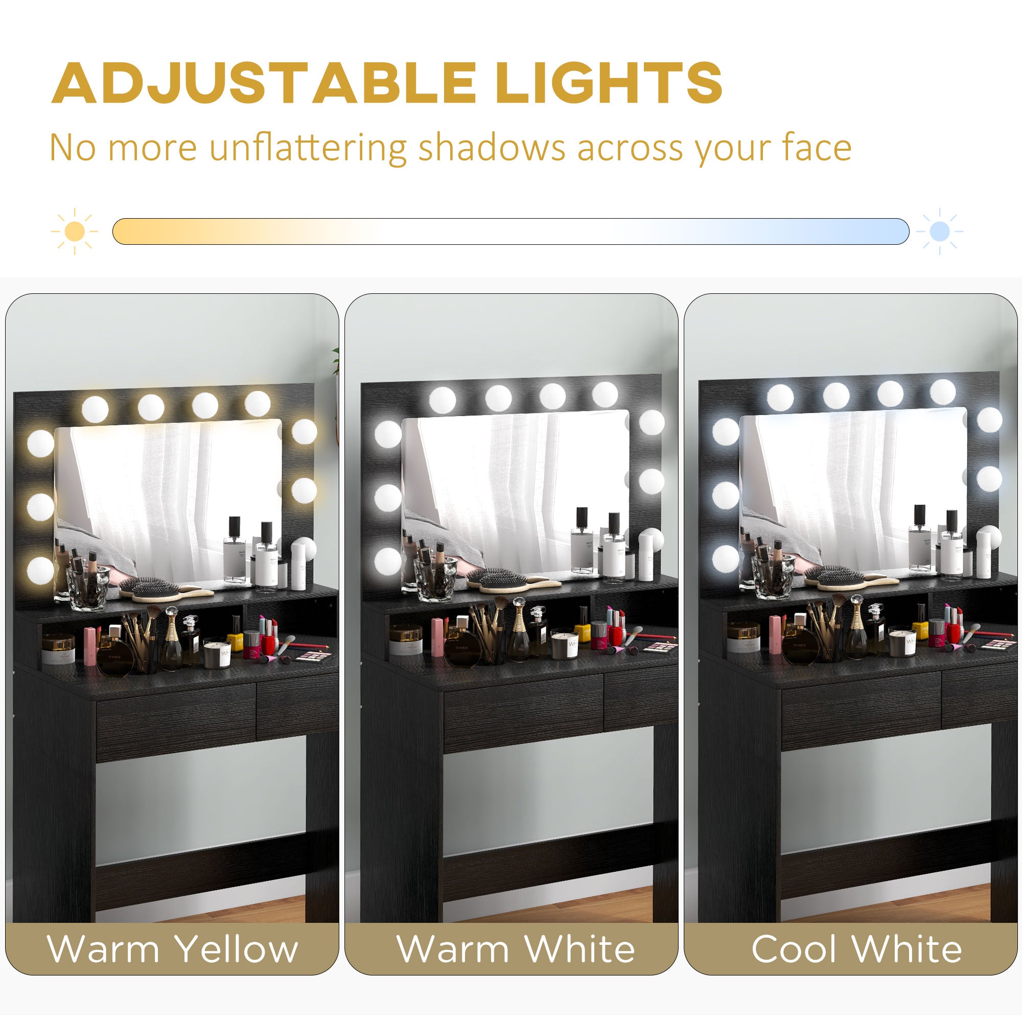 Vanity Table, Makeup Dressing Table with LED Lighting Mirror, Drawers, for Bedroom, Black