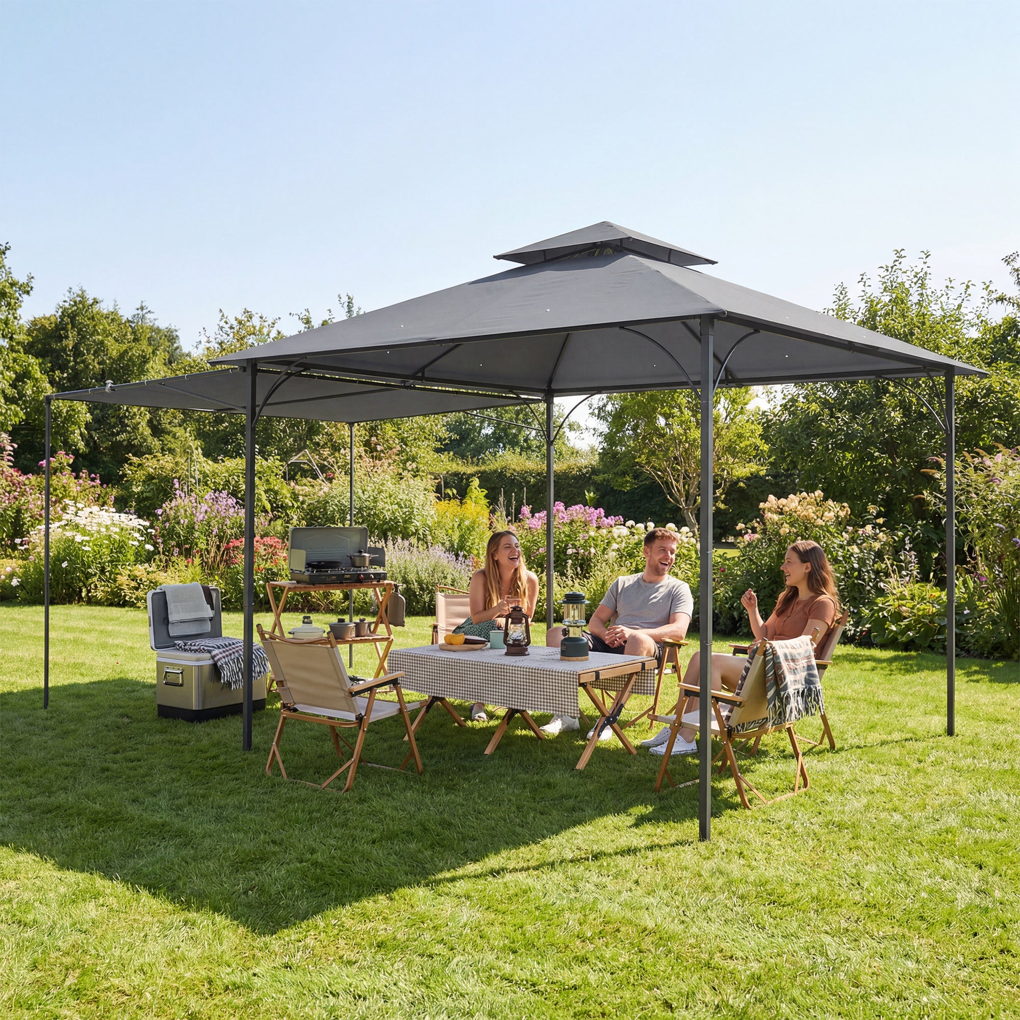 Patio Gazebo with Double Roof Outdoor Gazebo Canopy with Extendable Shade 126" x126" Dark Grey