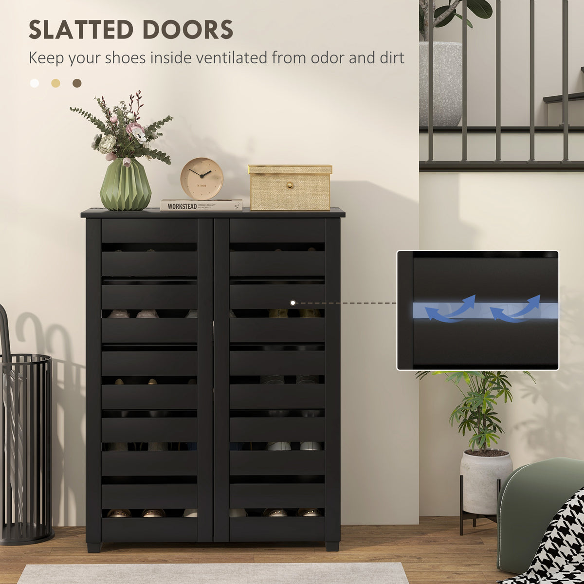 Shoe Storage Cabinet, Shoe Cabinet with 2 Slatted Doors for 15 Pairs of Shoes, Black